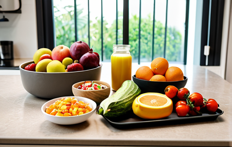 **A vibrant and healthy meal prepared according to a personalized nutrition plan, featuring fresh fruits, vegetables, and lean protein. The setting is a modern kitchen with natural light.**