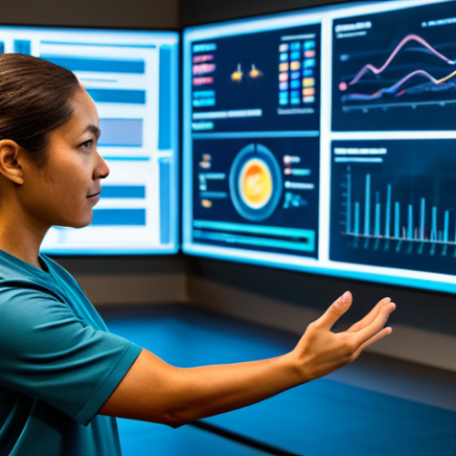 Home 14 A highly professional fitness expert, fully clothed in a modest business casual outfit, stands in a futuristic, clean research lab. Large transparent screens display intricate data visualizations of human performance metrics and AI algorithms for training periodization. The expert is gesturing thoughtfully towards a holographic interface, demonstrating innovative concepts related to health and longevity. The scene conveys anticipation for the future of fitness technology and data-driven training. Perfect anatomy, correct proportions, natural pose, well-formed hands, proper finger count, natural body proportions, professional photography, high quality, safe for work, appropriate content, modest clothing, family-friendly.