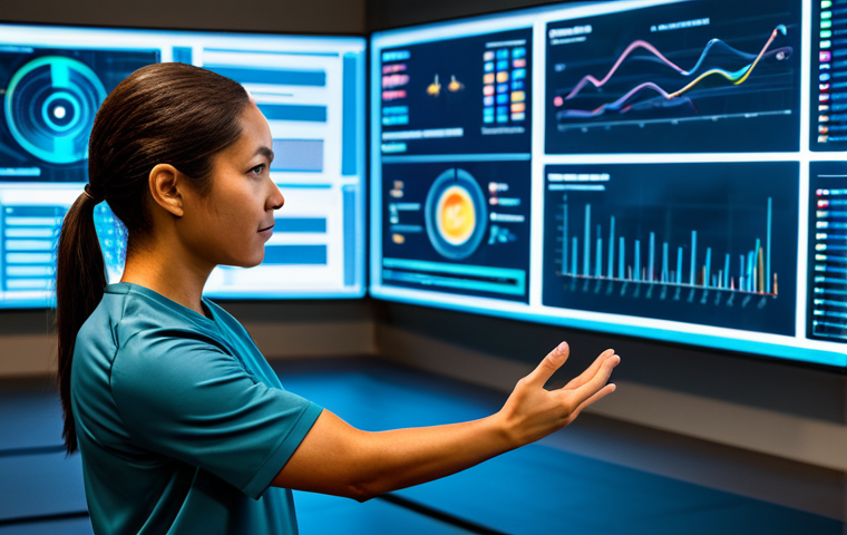 A highly professional fitness expert, fully clothed in a modest business casual outfit, stands in a futuristic, clean research lab. Large transparent screens display intricate data visualizations of human performance metrics and AI algorithms for training periodization. The expert is gesturing thoughtfully towards a holographic interface, demonstrating innovative concepts related to health and longevity. The scene conveys anticipation for the future of fitness technology and data-driven training. Perfect anatomy, correct proportions, natural pose, well-formed hands, proper finger count, natural body proportions, professional photography, high quality, safe for work, appropriate content, modest clothing, family-friendly.