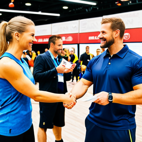 Home 7 Networking at a Fitness Conference**
Prompt: A vibrant fitness conference hall, filled with professionals in athletic wear, fully clothed, engaging in conversations around booths displaying equipment and training programs. Focus on two individuals shaking hands and exchanging business cards. Background includes banners with motivational slogans and healthy lifestyle imagery. Bright, professional lighting. Safe for work, appropriate content, family-friendly, professional networking environment, well-formed hands, correct proportions, natural pose.
**