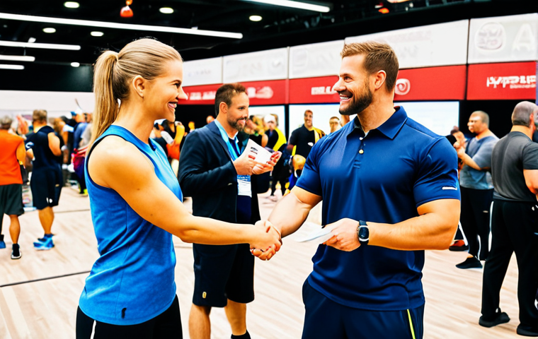 Networking at a Fitness Conference**

Prompt: A vibrant fitness conference hall, filled with professionals in athletic wear, fully clothed, engaging in conversations around booths displaying equipment and training programs. Focus on two individuals shaking hands and exchanging business cards. Background includes banners with motivational slogans and healthy lifestyle imagery. Bright, professional lighting. Safe for work, appropriate content, family-friendly, professional networking environment, well-formed hands, correct proportions, natural pose.

**