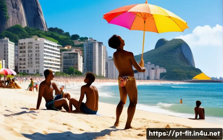 헬스트레이너 운동 전 평가법 - **A sunny day at Ipanema Beach, Rio de Janeiro.** A group of diverse people are playing beach volley...