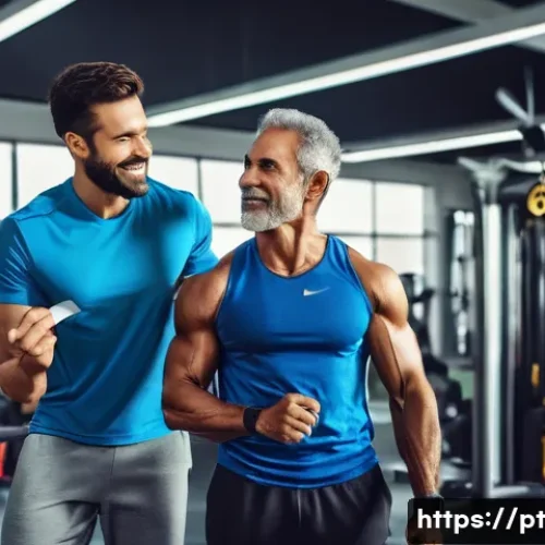 헬스트레이너와 스트레칭 지도 - A professional fitness trainer guiding a middle-aged Brazilian man through a personalized exercise r...