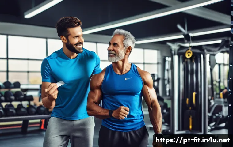 헬스트레이너와 스트레칭 지도 - A professional fitness trainer guiding a middle-aged Brazilian man through a personalized exercise r...