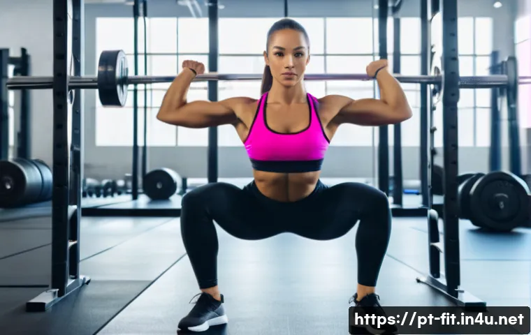헬스트레이너 실기 시험 대비법 - A professional fitness trainer demonstrating proper squat technique in a modern gym setting. The tra...