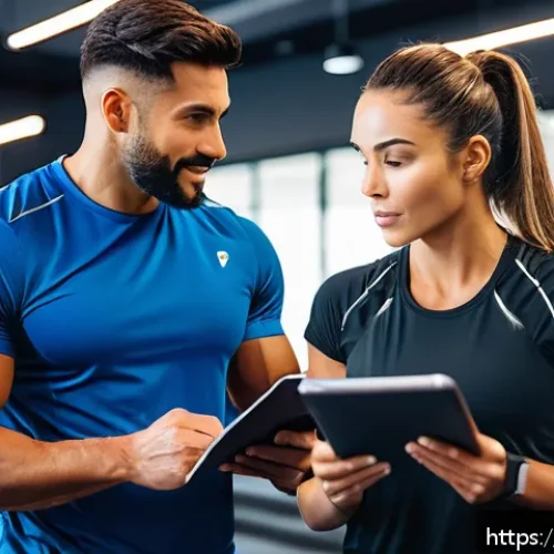 Home 17 헬스트레이너 심화 트레이닝 팁 - A professional personal trainer in a modern gym setting, attentively listening and taking notes whil...