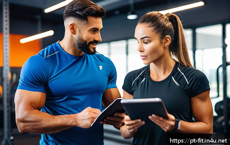 헬스트레이너 심화 트레이닝 팁 - A professional personal trainer in a modern gym setting, attentively listening and taking notes whil...