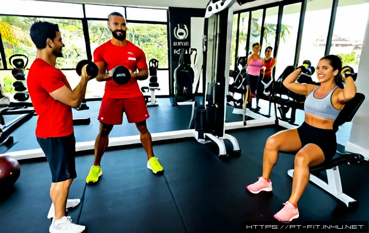 Home 17 헬스트레이너 국제 피트니스 트렌드 - Photorealistic modern fitness studio in São Paulo, Brazil, confident Brazilian personal trainer in m...
