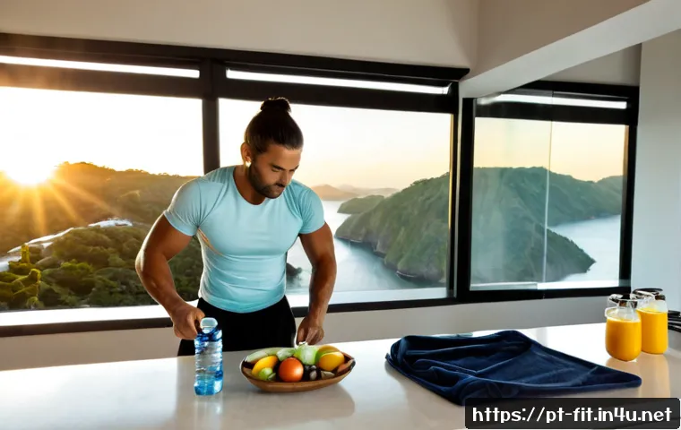 Home 17 헬스트레이너의 하루 루틴 - Photorealistic early morning scene of a Brazilian personal trainer preparing for the day in a bright...